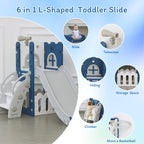 6-in-1 Toddler Slide Play Set for Ages 1–3,Multi-Functional Indoor Outdoor Kids Slide with Basketball Hoop&Telescope,L-Shaped Children Slidem,Blue