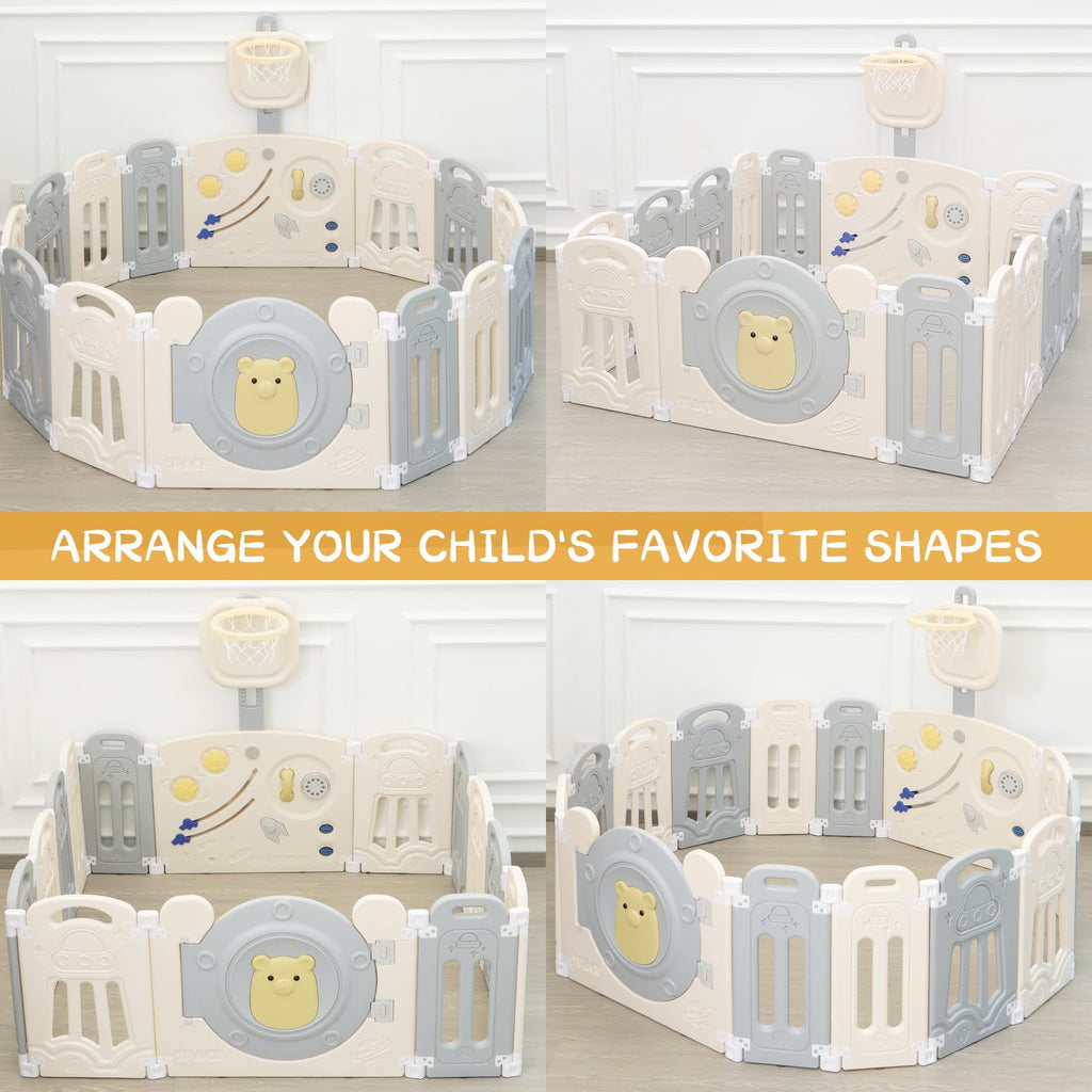 14-Panel Foldable Toddler Playpen with Locked Gate&Height Adjustable Basketball Hoop Game Board,Multi-scene Indoor Outdoor Baby Activity Fence,Gray White