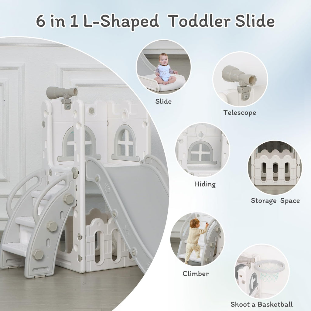 6-in-1 Toddler Slide Play Set for Ages 1–3,Multi-Functional Indoor Outdoor Kids Slide with Basketball Hoop&Telescope,L-Shaped Children Slidem,Grey