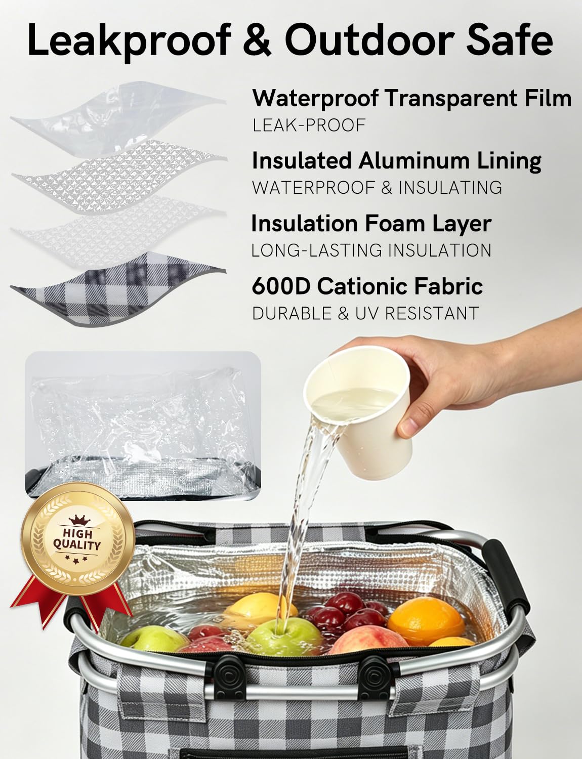 40L Insulated Picnic Basket, Black Plaid Insulated Collapsible Picnic Cooler Basket with Lid & 2 Handles, for Camping, Travel, Grocery & Food Delivery