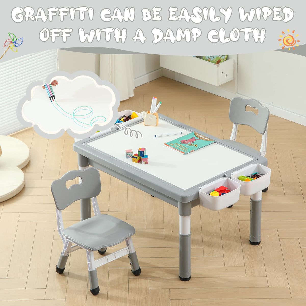 4-in-1 Toddler Activity Table with 2 Chairs, Double Sided Tabletop for Graffiti & Building Blocks, Kids Play Set with Four Side Storage Bins,Gray