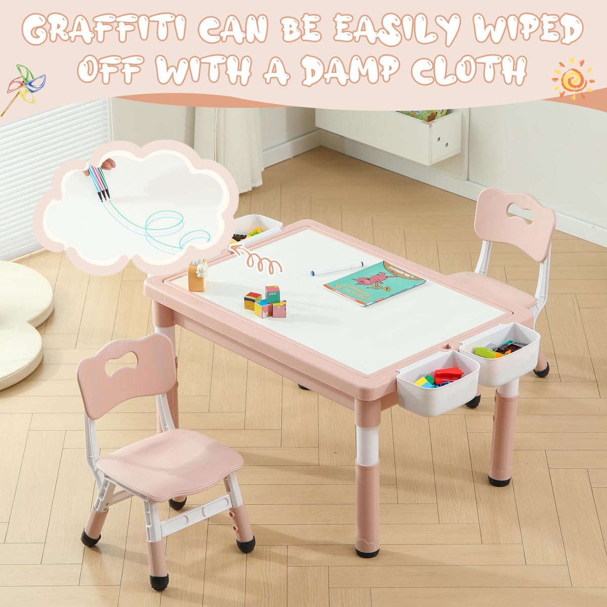 4-in-1 Toddler Activity Table with 2 Chairs, Double Sided Tabletop for Graffiti & Building Blocks, Kids Play Set with Four Side Storage Bins,Pink
