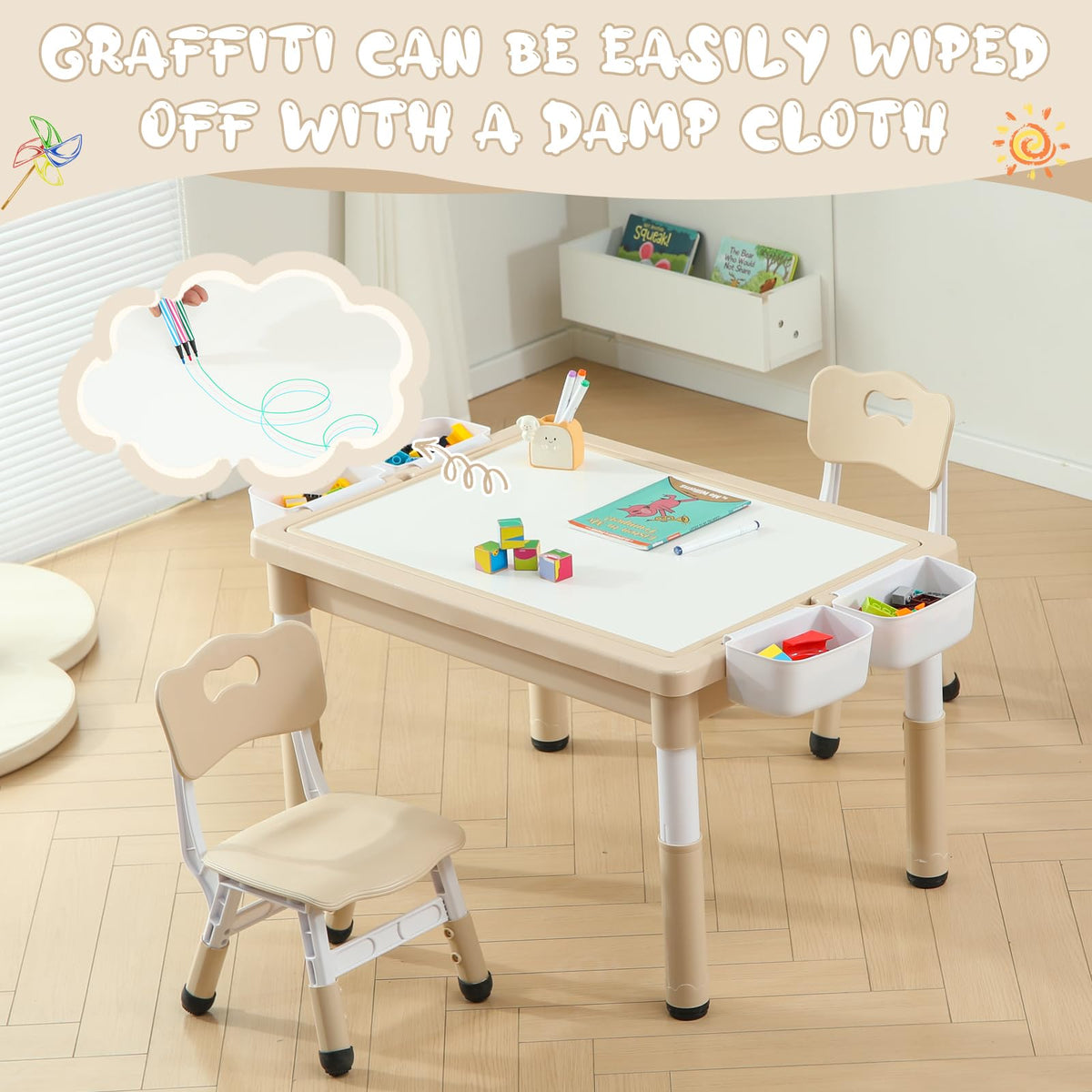 4-in-1 Toddler Activity Table with 2 Chairs, Double Sided Tabletop for Graffiti & Building Blocks, Kids Play Set with Four Side Storage Bins,Brown