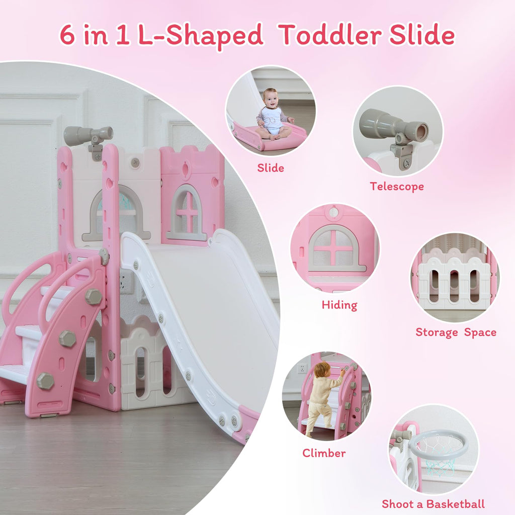6-in-1 Toddler Slide Play Set for Ages 1–3,Multi-Functional Indoor Outdoor Kids Slide with Basketball Hoop&Telescope,L-Shaped Children Slidem,Pink