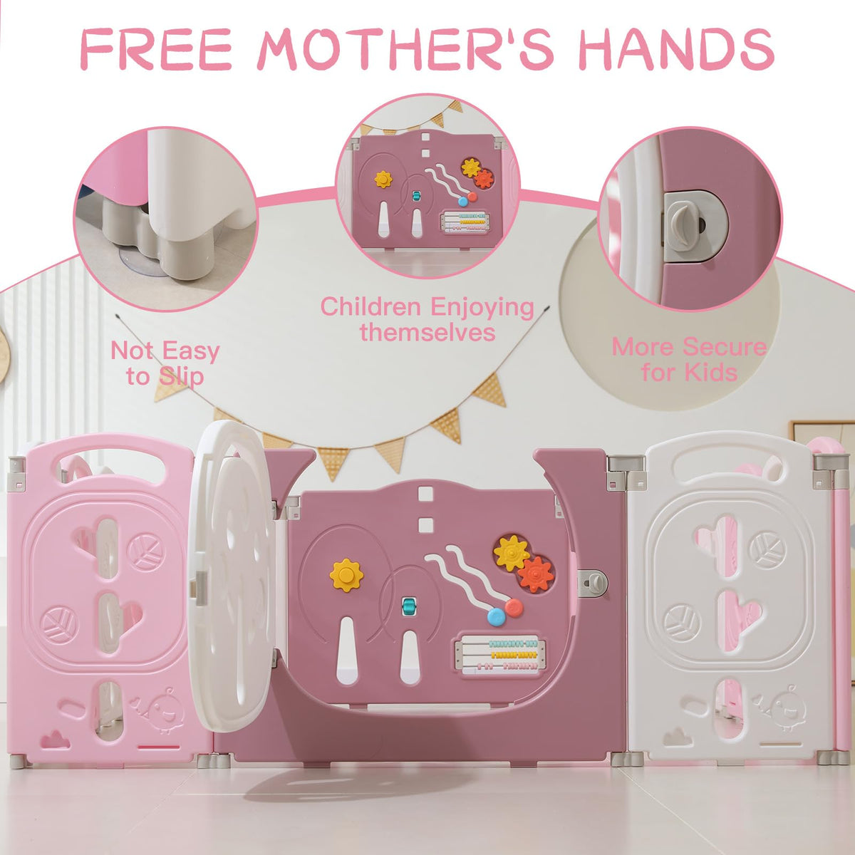 14-Panel Portable Plastic Playpen,Safe Activity Fence for Toddlers,Pink