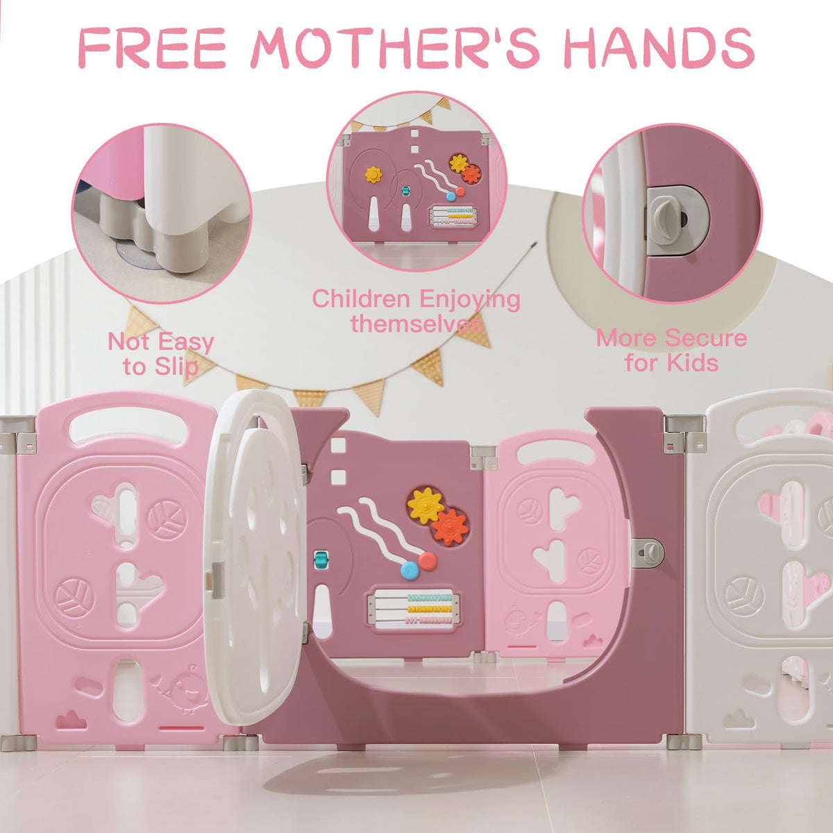 18-Panel Portable Plastic Playpen,Safe Activity Fence for Toddlers,Pink