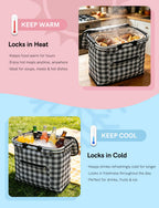 40L Insulated Picnic Basket, Black Plaid Insulated Collapsible Picnic Cooler Basket with Lid & 2 Handles, for Camping, Travel, Grocery & Food Delivery