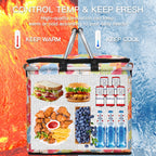 40L Insulated Picnic Basket, Flower Insulated Collapsible Picnic Cooler Basket with Lid & 2 Handles, for Camping, Travel, Grocery & Food Delivery