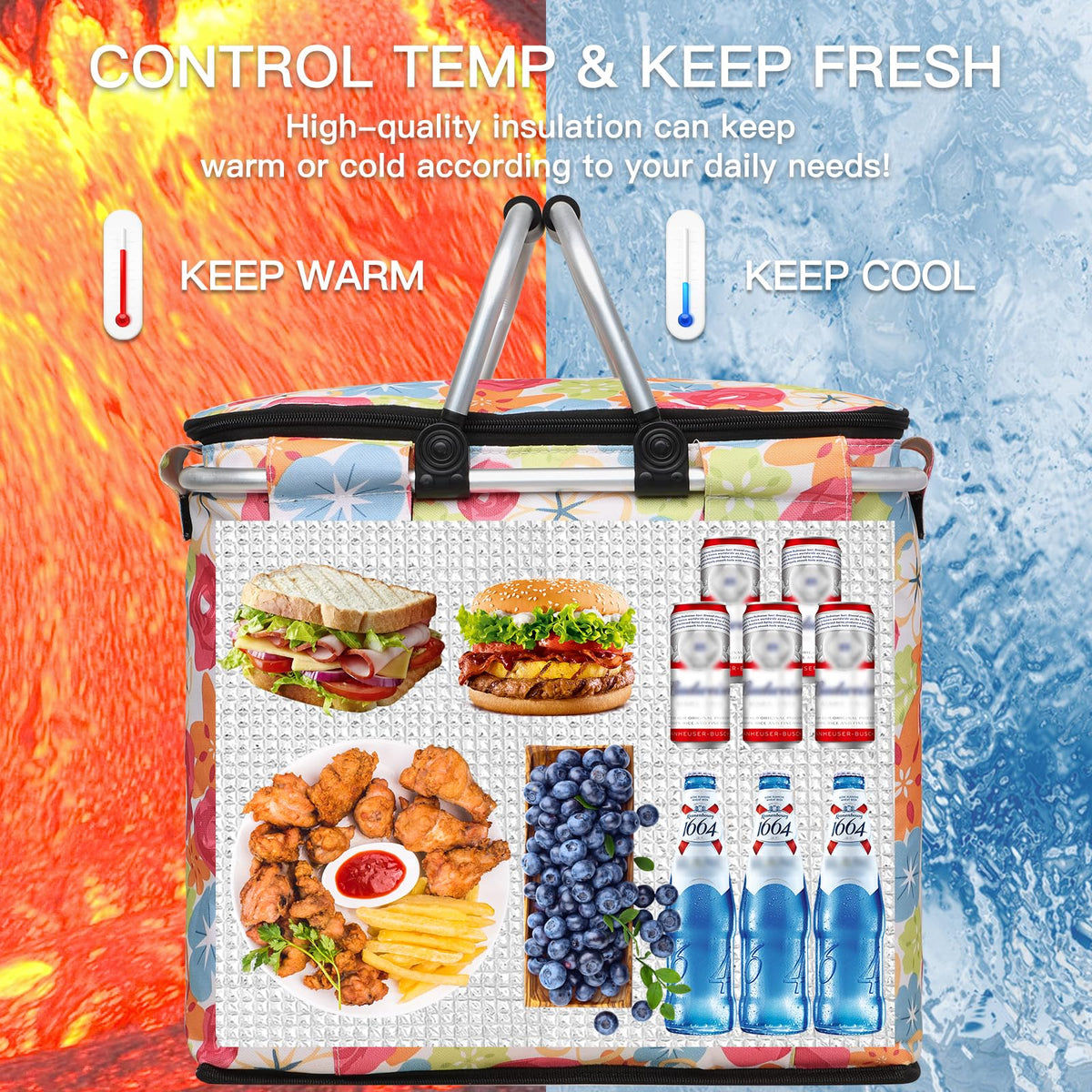 40L Insulated Picnic Basket, Flower Insulated Collapsible Picnic Cooler Basket with Lid & 2 Handles, for Camping, Travel, Grocery & Food Delivery