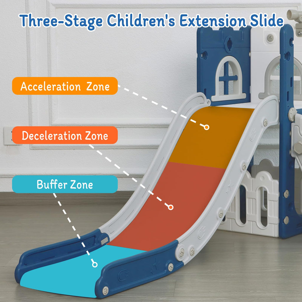 6-in-1 Toddler Slide Play Set for Ages 1–3,Multi-Functional Indoor Outdoor Kids Slide with Basketball Hoop&Telescope,L-Shaped Children Slidem,Blue