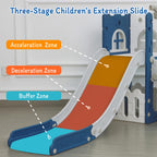 6-in-1 Toddler Slide Play Set for Ages 1–3,Multi-Functional Indoor Outdoor Kids Slide with Basketball Hoop&Telescope,L-Shaped Children Slidem,Blue