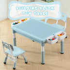 4-in-1 Toddler Activity Table with 2 Chairs, Double Sided Tabletop for Graffiti & Building Blocks, Kids Play Set with Four Side Storage Bins,Blue
