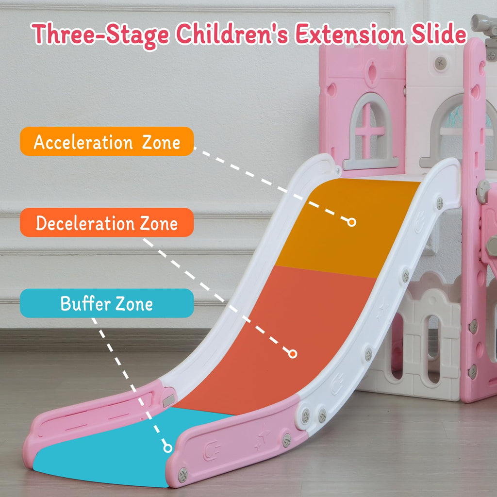 6-in-1 Toddler Slide Play Set for Ages 1–3,Multi-Functional Indoor Outdoor Kids Slide with Basketball Hoop&Telescope,L-Shaped Children Slidem,Pink