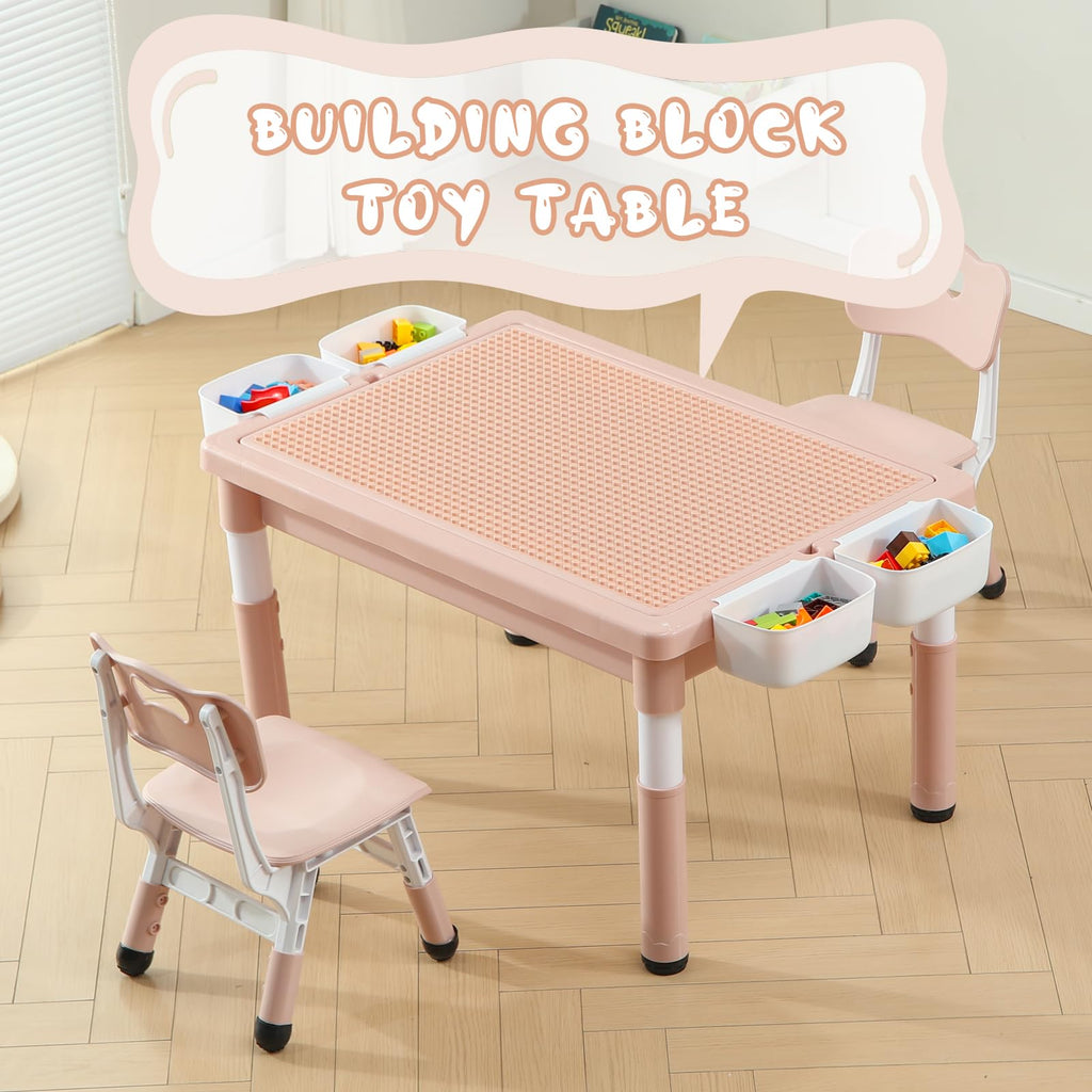 4-in-1 Toddler Activity Table with 2 Chairs, Double Sided Tabletop for Graffiti & Building Blocks, Kids Play Set with Four Side Storage Bins,Pink