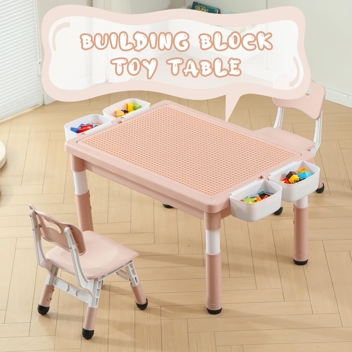 4-in-1 Toddler Activity Table with 2 Chairs, Double Sided Tabletop for Graffiti & Building Blocks, Kids Play Set with Four Side Storage Bins,Pink