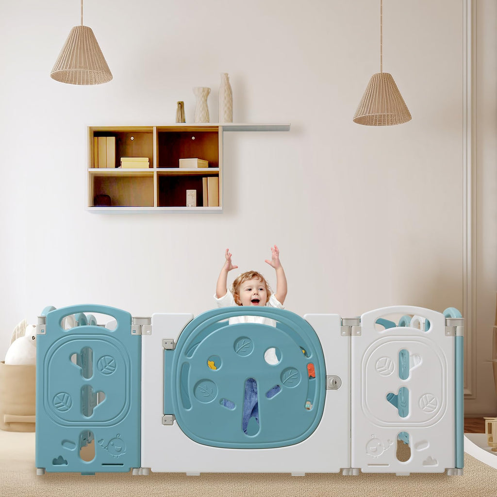 14-Panel Portable Plastic Playpen,Safe Activity Fence for Toddlers,Green