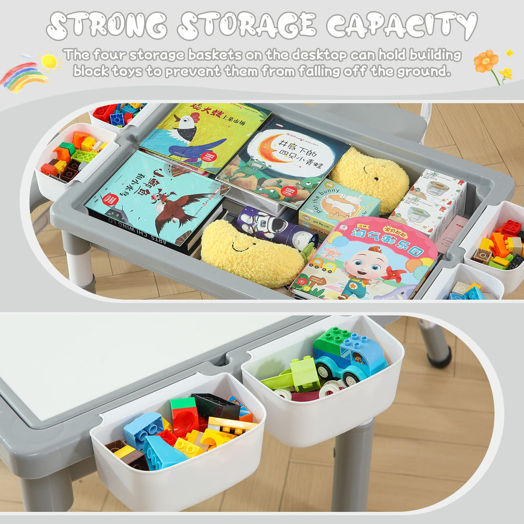 4-in-1 Toddler Activity Table with 2 Chairs, Double Sided Tabletop for Graffiti & Building Blocks, Kids Play Set with Four Side Storage Bins,Gray