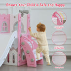 6-in-1 Toddler Slide Play Set for Ages 1–3,Multi-Functional Indoor Outdoor Kids Slide with Basketball Hoop&Telescope,L-Shaped Children Slidem,Pink