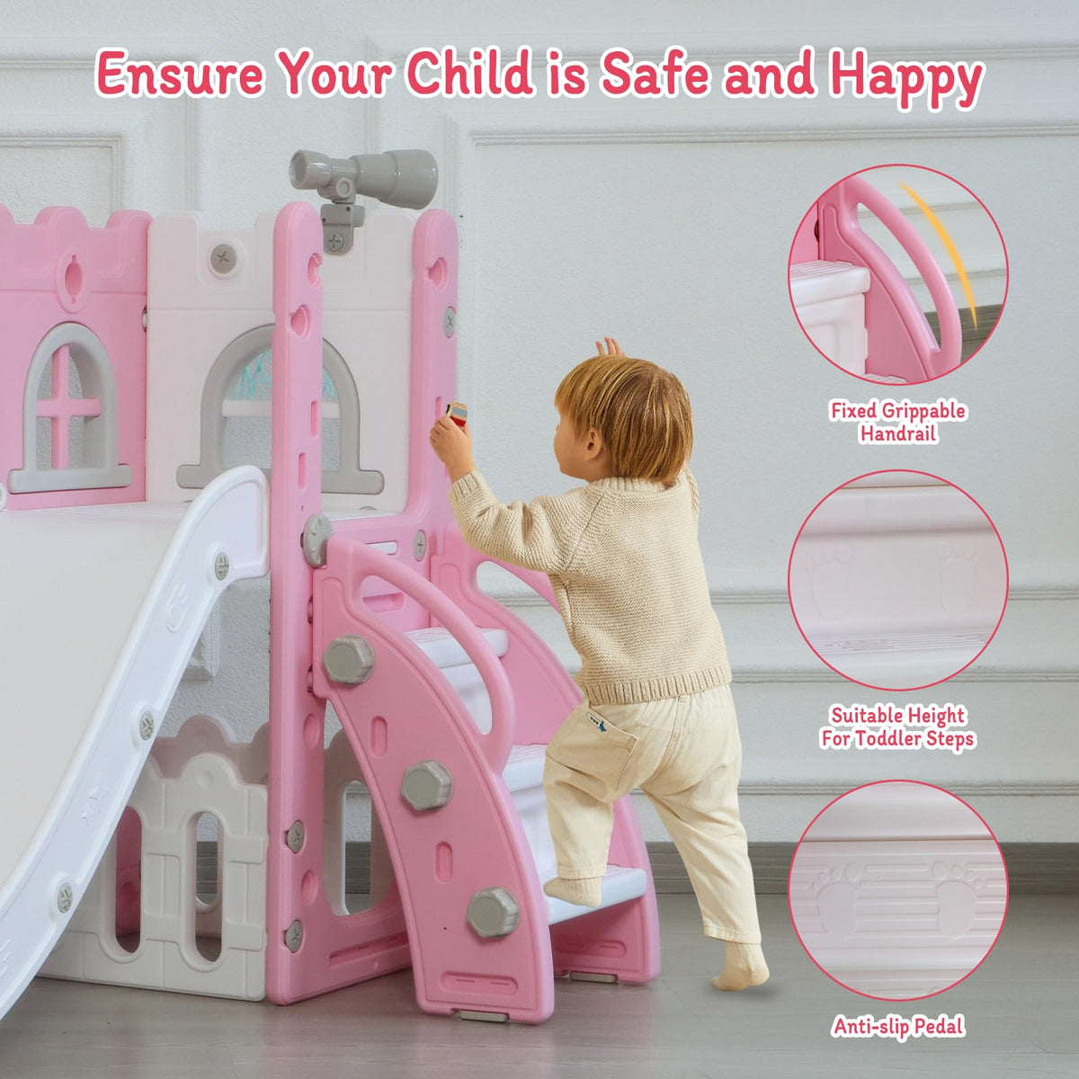 6-in-1 Toddler Slide Play Set for Ages 1–3,Multi-Functional Indoor Outdoor Kids Slide with Basketball Hoop&Telescope,L-Shaped Children Slidem,Pink