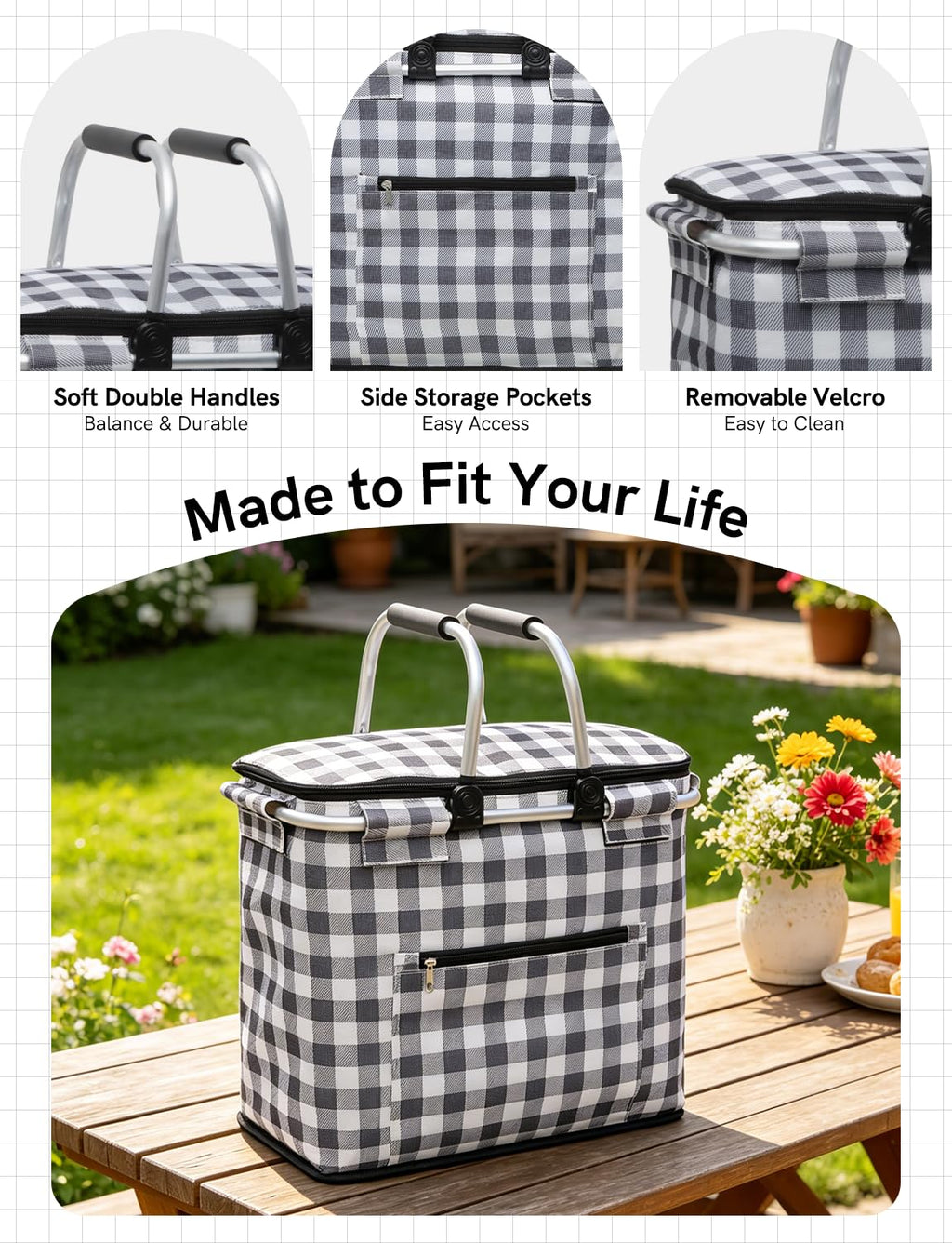 40L Insulated Picnic Basket, Black Plaid Insulated Collapsible Picnic Cooler Basket with Lid & 2 Handles, for Camping, Travel, Grocery & Food Delivery