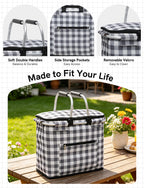 40L Insulated Picnic Basket, Black Plaid Insulated Collapsible Picnic Cooler Basket with Lid & 2 Handles, for Camping, Travel, Grocery & Food Delivery