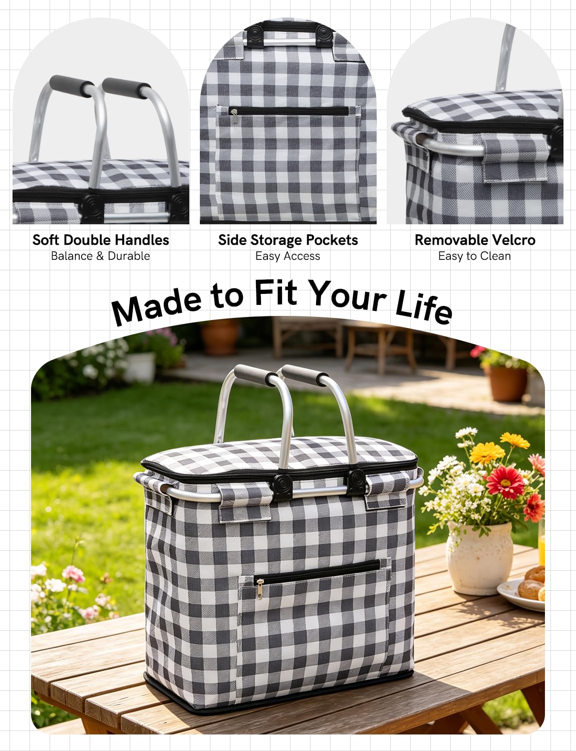 40L Insulated Picnic Basket, Black Plaid Insulated Collapsible Picnic Cooler Basket with Lid & 2 Handles, for Camping, Travel, Grocery & Food Delivery