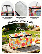 32L Insulated Picnic Basket, Flower Insulated Collapsible Picnic Cooler Basket with Lid & 2 Handles, for Camping, Travel, Grocery & Food Delivery
