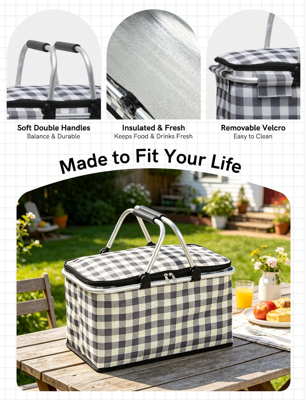 32L Insulated Picnic Basket, Black Plaid Insulated Collapsible Picnic Cooler Basket with Lid & 2 Handles, for Camping, Travel, Grocery & Food Delivery