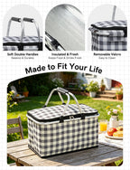 32L Insulated Picnic Basket, Black Plaid Insulated Collapsible Picnic Cooler Basket with Lid & 2 Handles, for Camping, Travel, Grocery & Food Delivery