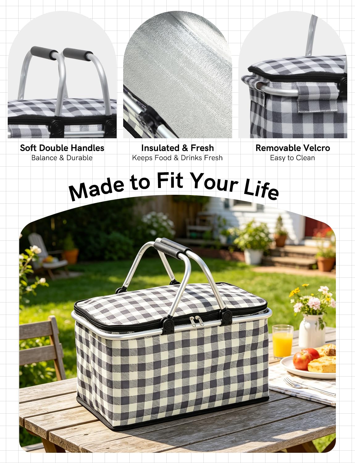 32L Insulated Picnic Basket, Black Plaid Insulated Collapsible Picnic Cooler Basket with Lid & 2 Handles, for Camping, Travel, Grocery & Food Delivery