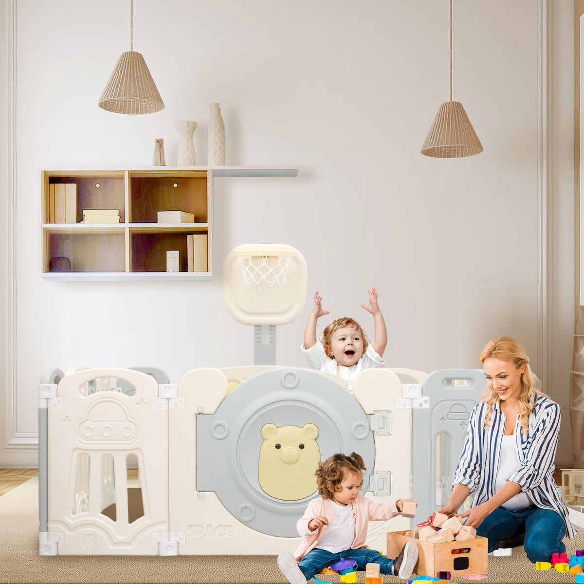 14-Panel Foldable Toddler Playpen with Locked Gate&Height Adjustable Basketball Hoop Game Board,Multi-scene Indoor Outdoor Baby Activity Fence,Gray White