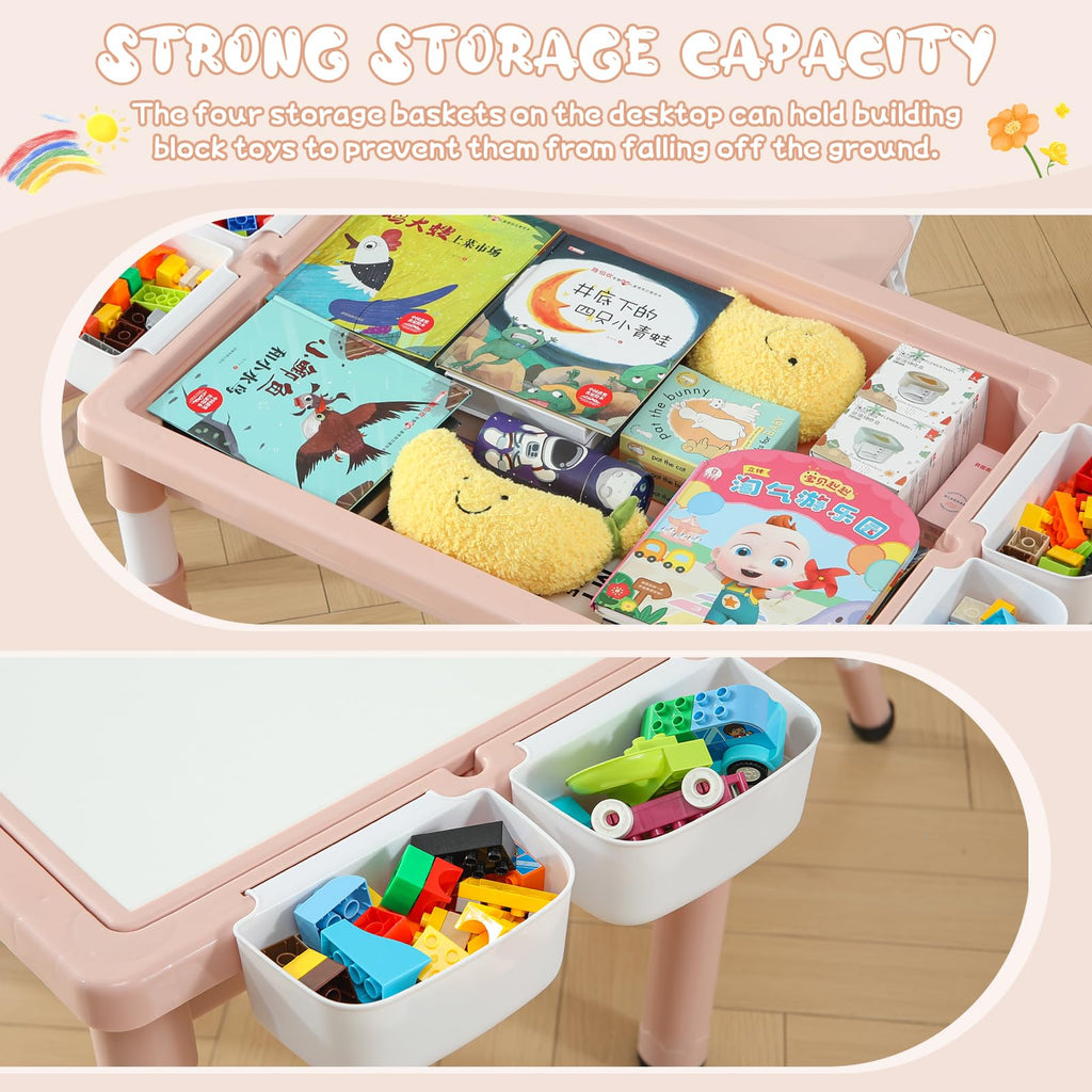 4-in-1 Toddler Activity Table with 2 Chairs, Double Sided Tabletop for Graffiti & Building Blocks, Kids Play Set with Four Side Storage Bins,Pink