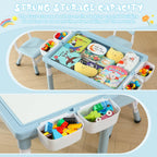 4-in-1 Toddler Activity Table with 2 Chairs, Double Sided Tabletop for Graffiti & Building Blocks, Kids Play Set with Four Side Storage Bins,Blue