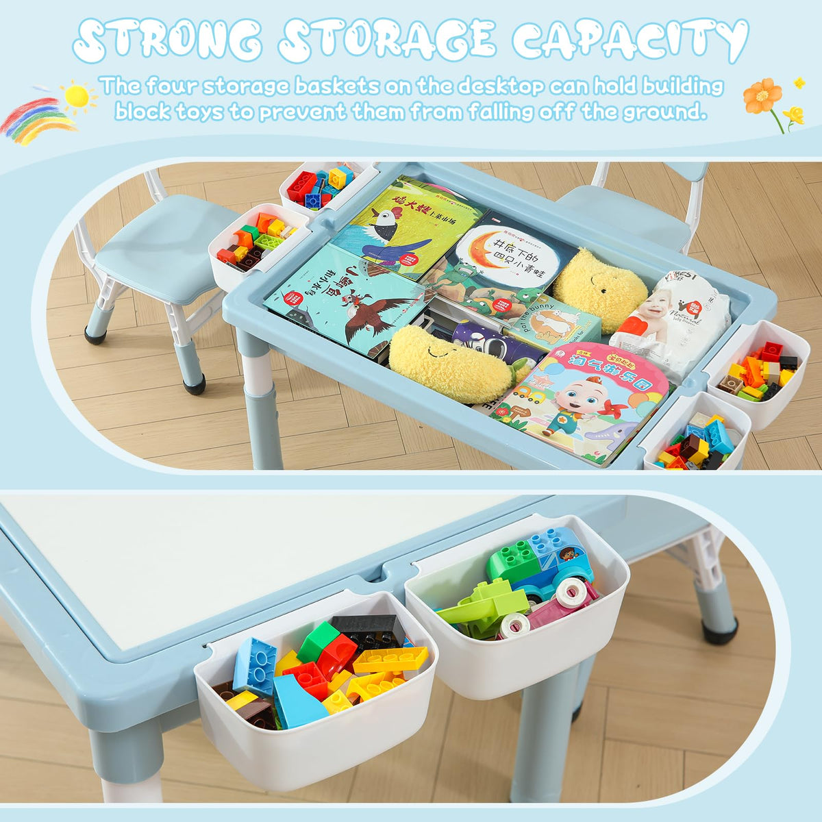 4-in-1 Toddler Activity Table with 2 Chairs, Double Sided Tabletop for Graffiti & Building Blocks, Kids Play Set with Four Side Storage Bins,Blue