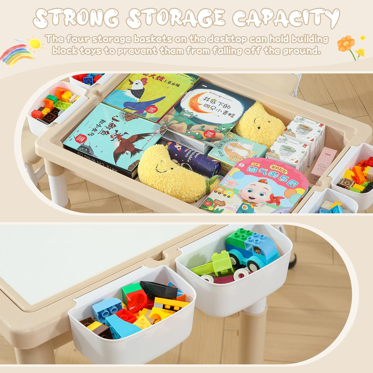 4-in-1 Toddler Activity Table with 2 Chairs, Double Sided Tabletop for Graffiti & Building Blocks, Kids Play Set with Four Side Storage Bins,Brown