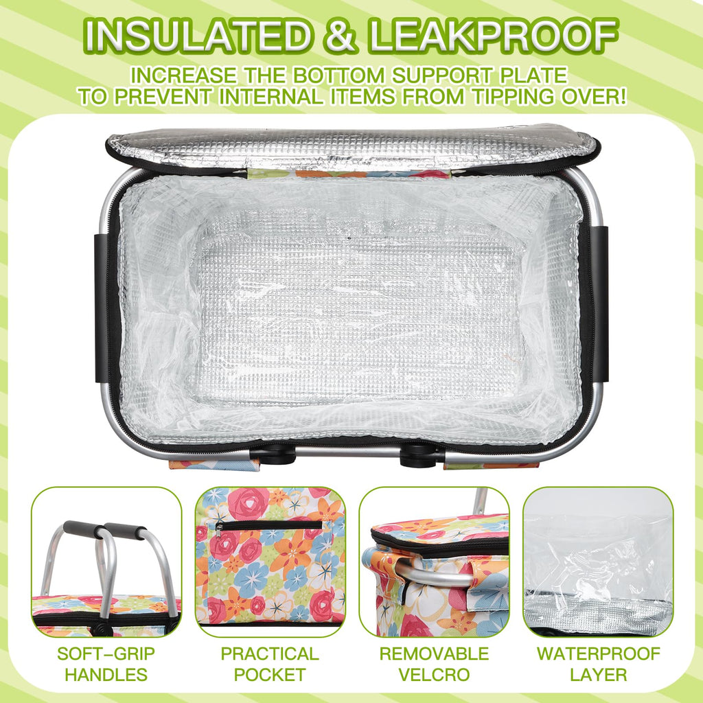 40L Insulated Picnic Basket, Flower Insulated Collapsible Picnic Cooler Basket with Lid & 2 Handles, for Camping, Travel, Grocery & Food Delivery