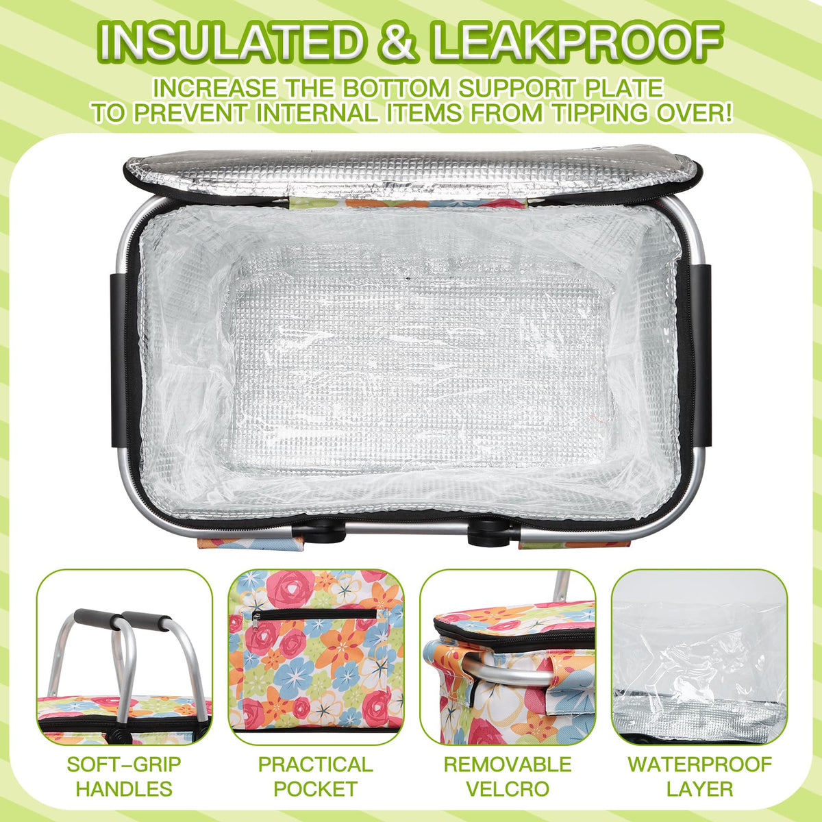 40L Insulated Picnic Basket, Flower Insulated Collapsible Picnic Cooler Basket with Lid & 2 Handles, for Camping, Travel, Grocery & Food Delivery
