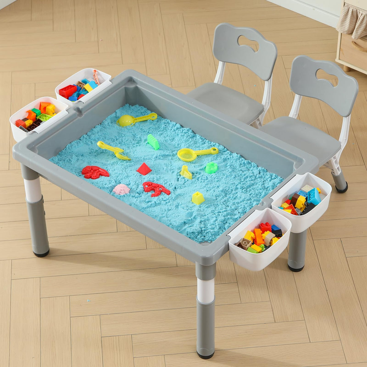4-in-1 Toddler Activity Table with 2 Chairs, Double Sided Tabletop for Graffiti & Building Blocks, Kids Play Set with Four Side Storage Bins,Gray