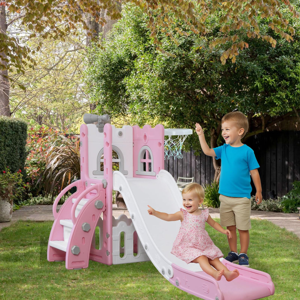 6-in-1 Toddler Slide Play Set for Ages 1–3,Multi-Functional Indoor Outdoor Kids Slide with Basketball Hoop&Telescope,L-Shaped Children Slidem,Pink