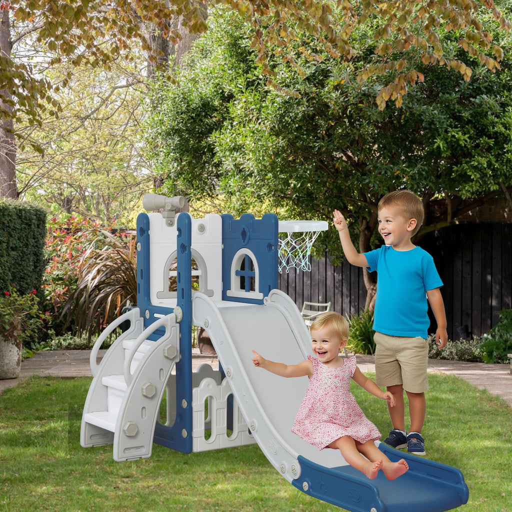 6-in-1 Toddler Slide Play Set for Ages 1–3,Multi-Functional Indoor Outdoor Kids Slide with Basketball Hoop&Telescope,L-Shaped Children Slidem,Blue