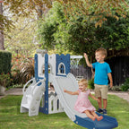 6-in-1 Toddler Slide Play Set for Ages 1–3,Multi-Functional Indoor Outdoor Kids Slide with Basketball Hoop&Telescope,L-Shaped Children Slidem,Blue