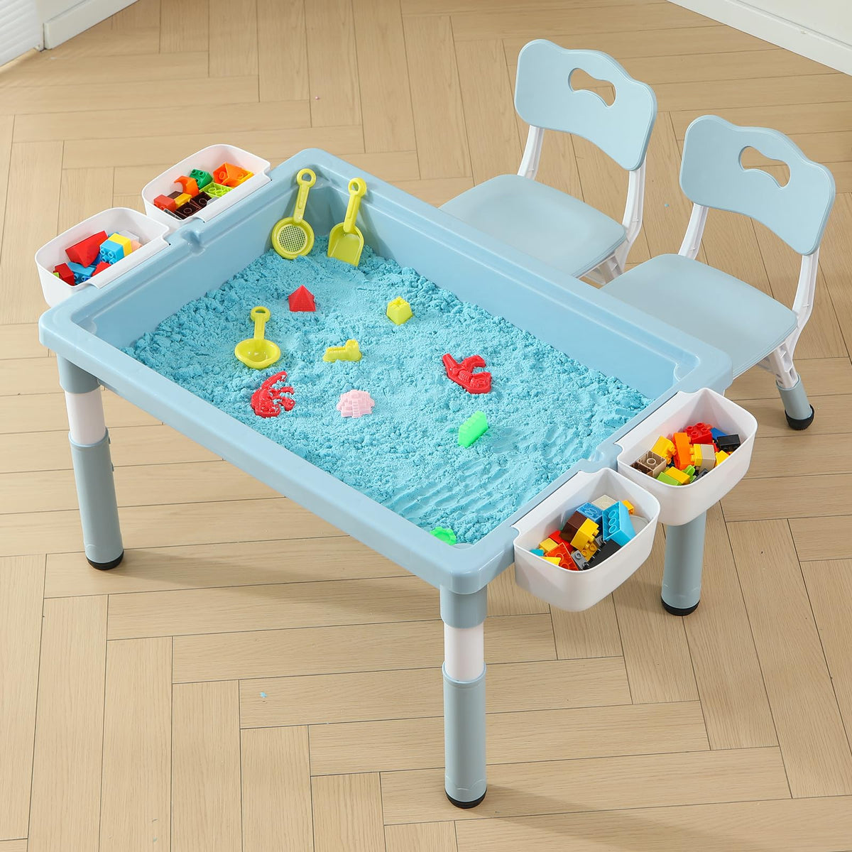 4-in-1 Toddler Activity Table with 2 Chairs, Double Sided Tabletop for Graffiti & Building Blocks, Kids Play Set with Four Side Storage Bins,Blue