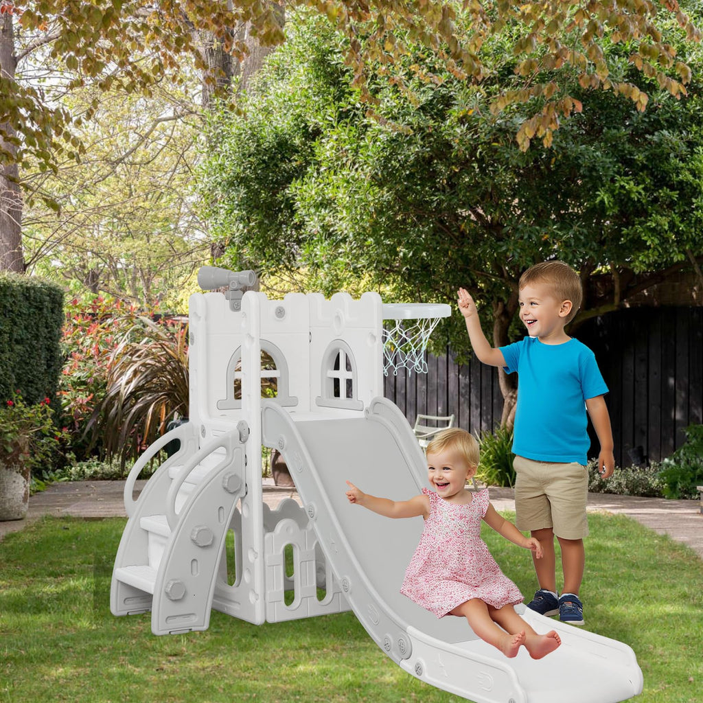 6-in-1 Toddler Slide Play Set for Ages 1–3,Multi-Functional Indoor Outdoor Kids Slide with Basketball Hoop&Telescope,L-Shaped Children Slidem,Grey