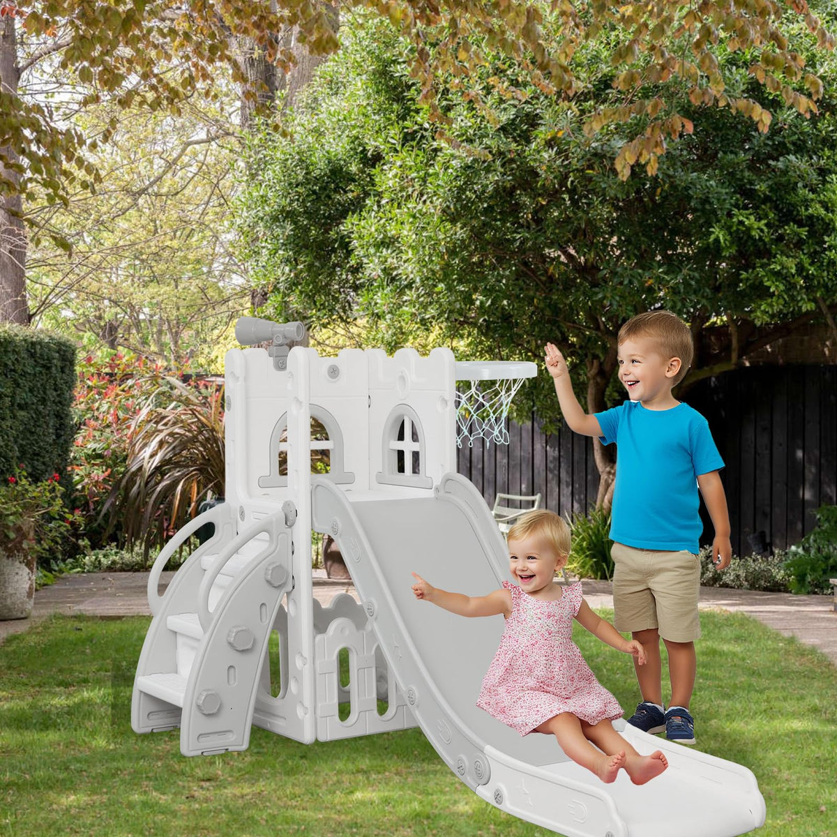 6-in-1 Toddler Slide Play Set for Ages 1–3,Multi-Functional Indoor Outdoor Kids Slide with Basketball Hoop&Telescope,L-Shaped Children Slidem,Grey