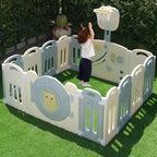 14-Panel Foldable Toddler Playpen with Locked Gate&Height Adjustable Basketball Hoop Game Board,Multi-scene Indoor Outdoor Baby Activity Fence,Gray White