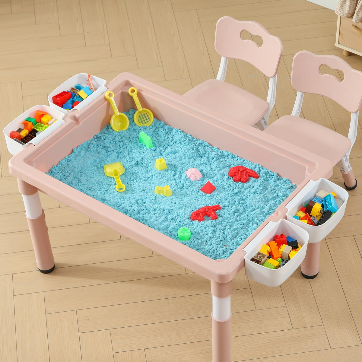 4-in-1 Toddler Activity Table with 2 Chairs, Double Sided Tabletop for Graffiti & Building Blocks, Kids Play Set with Four Side Storage Bins,Pink