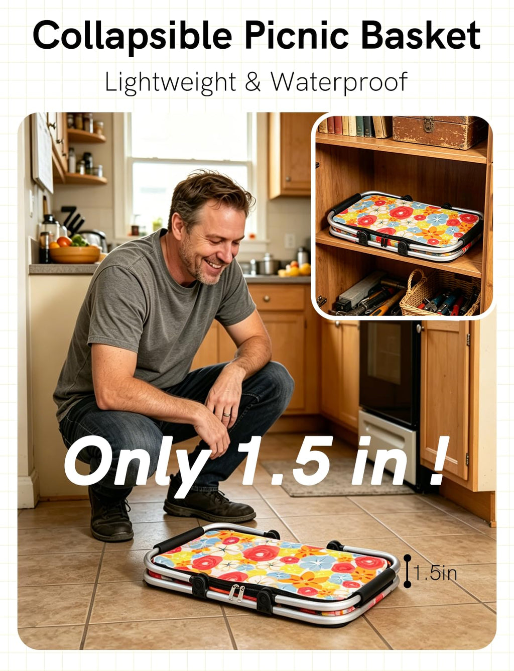 32L Insulated Picnic Basket, Flower Insulated Collapsible Picnic Cooler Basket with Lid & 2 Handles, for Camping, Travel, Grocery & Food Delivery
