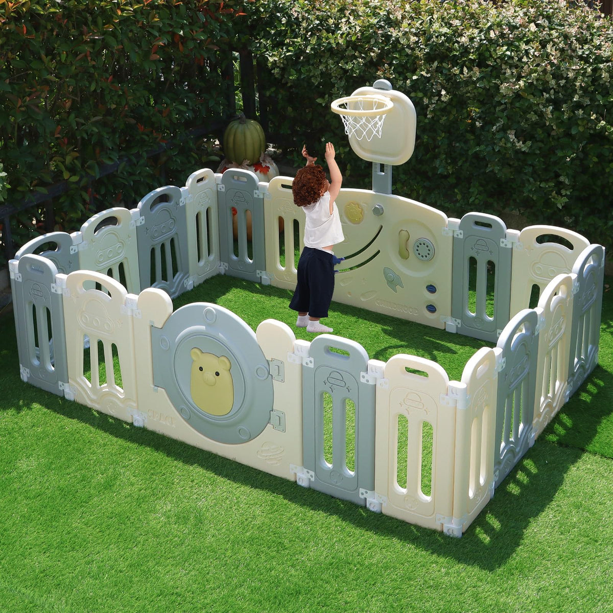 18-Panel Foldable Baby Playpen Equipped with Lock Gate and Adjustable Basketball Hoop Game Panel,Indoor Outdoor Safe Toddler Activity Fence,Gray White