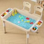 4-in-1 Toddler Activity Table with 2 Chairs, Double Sided Tabletop for Graffiti & Building Blocks, Kids Play Set with Four Side Storage Bins,Brown