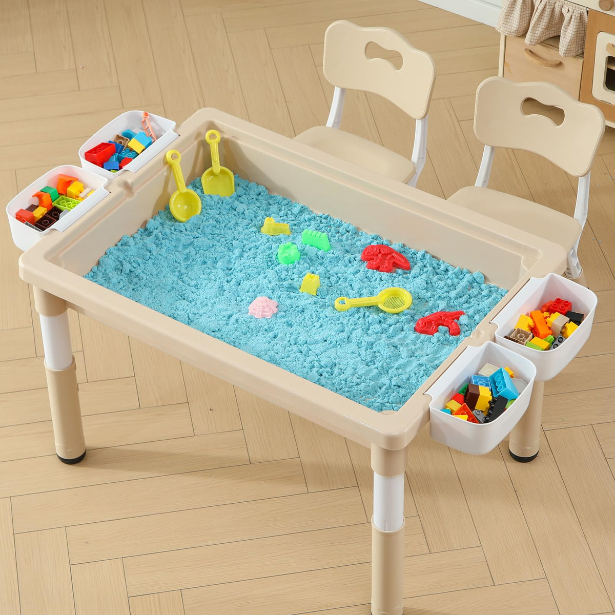 4-in-1 Toddler Activity Table with 2 Chairs, Double Sided Tabletop for Graffiti & Building Blocks, Kids Play Set with Four Side Storage Bins,Brown